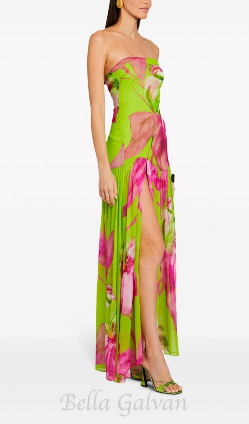 STRAPLESS SILK MAXI DRESS IN LIME ANTHURIUM