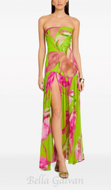 STRAPLESS SILK MAXI DRESS IN LIME ANTHURIUM