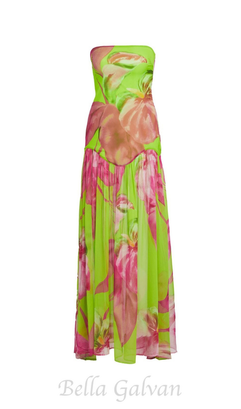 STRAPLESS SILK MAXI DRESS IN LIME ANTHURIUM