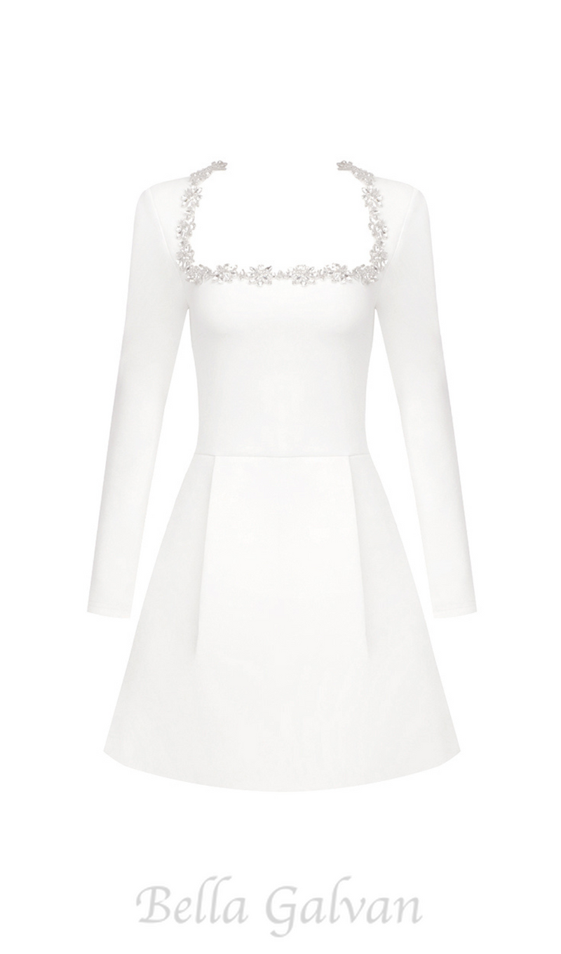 JEWEL-EMBELLISHED TRIM MINI DRESS IN WHITE