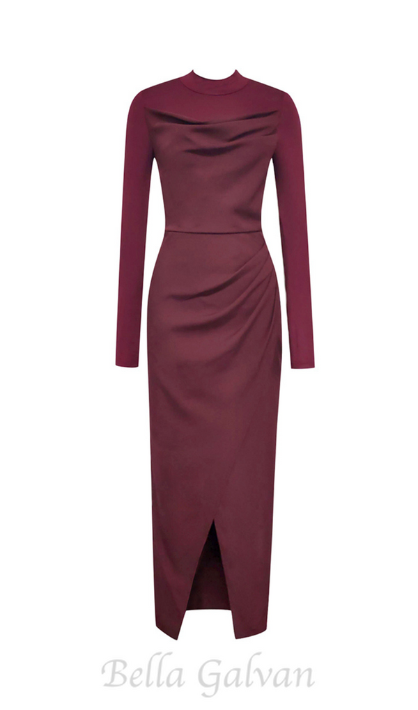 RUCHED SLIT MIDI DRESS IN BURGUNDY