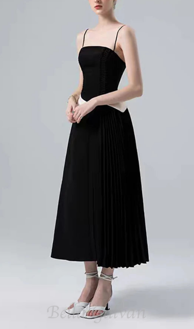 SLIP CONTRAST COLOR MIDI DRESS IN BLACK