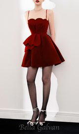 RUCHED TRIM VELVET MINI DRESS IN RUBY RED