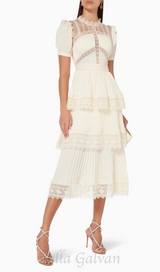 PLEATED LACE MIDI DRESS IN APRICOT