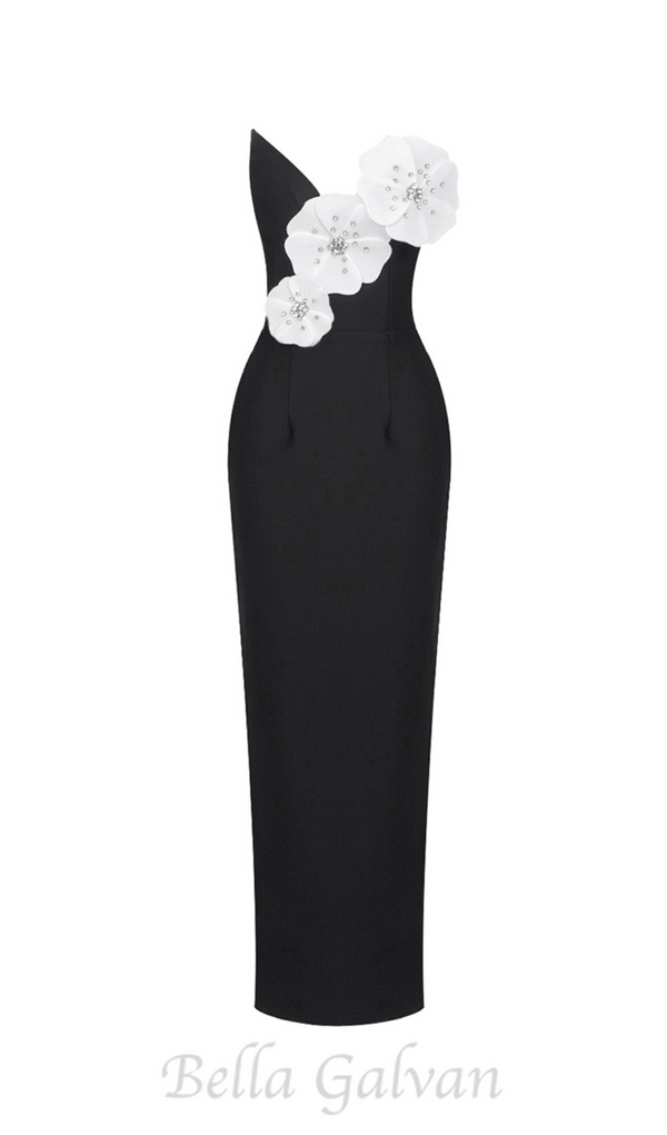 WHITE FLOWER EMBELLISHED MAXI DRESS IN BLACK