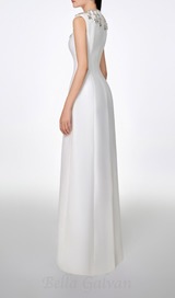 WHITE SLEEVELESS BODYCON MAXI DRESS WITH STONE EMBELLISHMENT