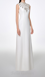 WHITE SLEEVELESS BODYCON MAXI DRESS WITH STONE EMBELLISHMENT