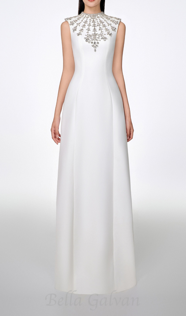 WHITE SLEEVELESS BODYCON MAXI DRESS WITH STONE EMBELLISHMENT