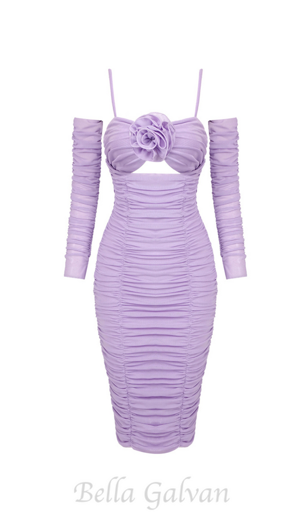 FLOWER BLOOM EMBELLISHED MIDI DRESS IN LILAC