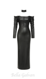 BLACK OFF-SHOULDER LONG-SLEEVED LEATHER DRESS WITH SLIT