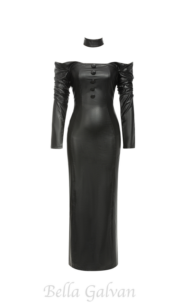 BLACK OFF-SHOULDER LONG-SLEEVED LEATHER DRESS WITH SLIT