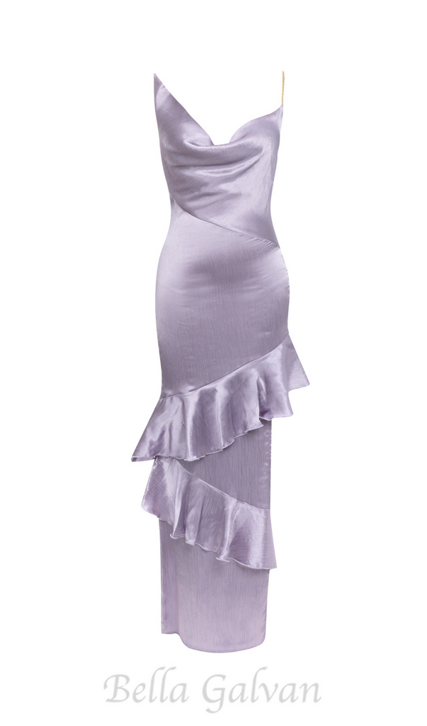 LILAC RUFFLE TRIM ASYMMETRICAL HEM SATIN MIDI DRESS