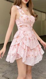 ONE-SHOULDER PRINTED RUFFLE TRIM MINI DRESS IN PINK