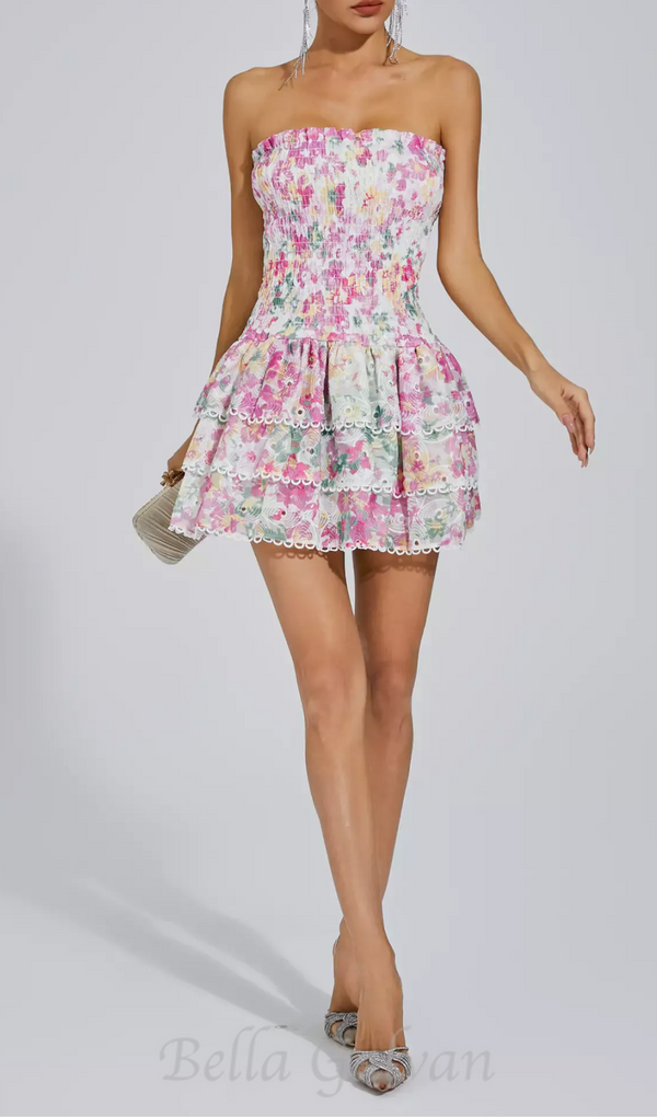 WHITE FLORAL RUCHED STRAPLESS MINI DRESS