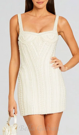 PEARL STUDDED WHITE MINI BODYCON DRESS