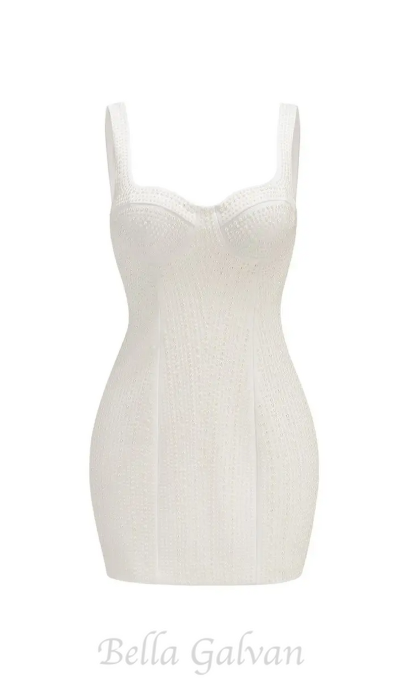 PEARL STUDDED WHITE MINI BODYCON DRESS