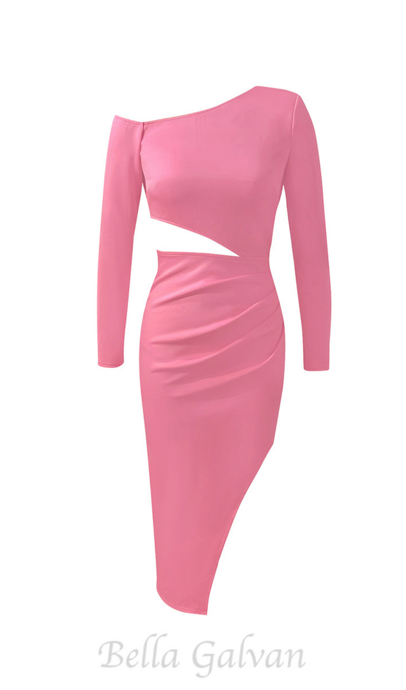 PINK ASYMMETRICAL NECK CUT OUT SPLIT THIGH DRESS