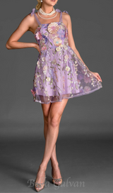 PURPLE 3D FLOWER LACE EMBROIDERED DRESS