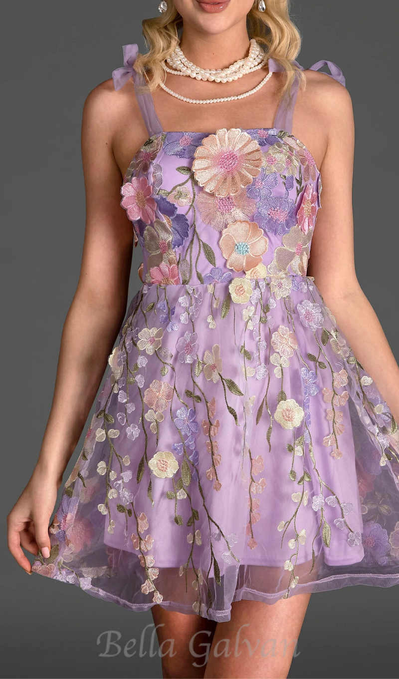 PURPLE 3D FLOWER LACE EMBROIDERED DRESS