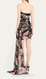 FLORAL PRINTED STRAPLESS DRAPED MINI DRESS