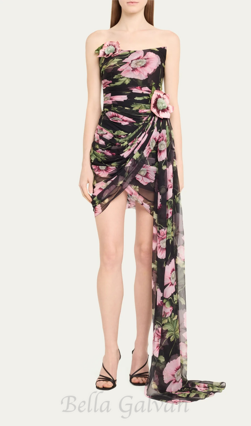 FLORAL PRINTED STRAPLESS DRAPED MINI DRESS