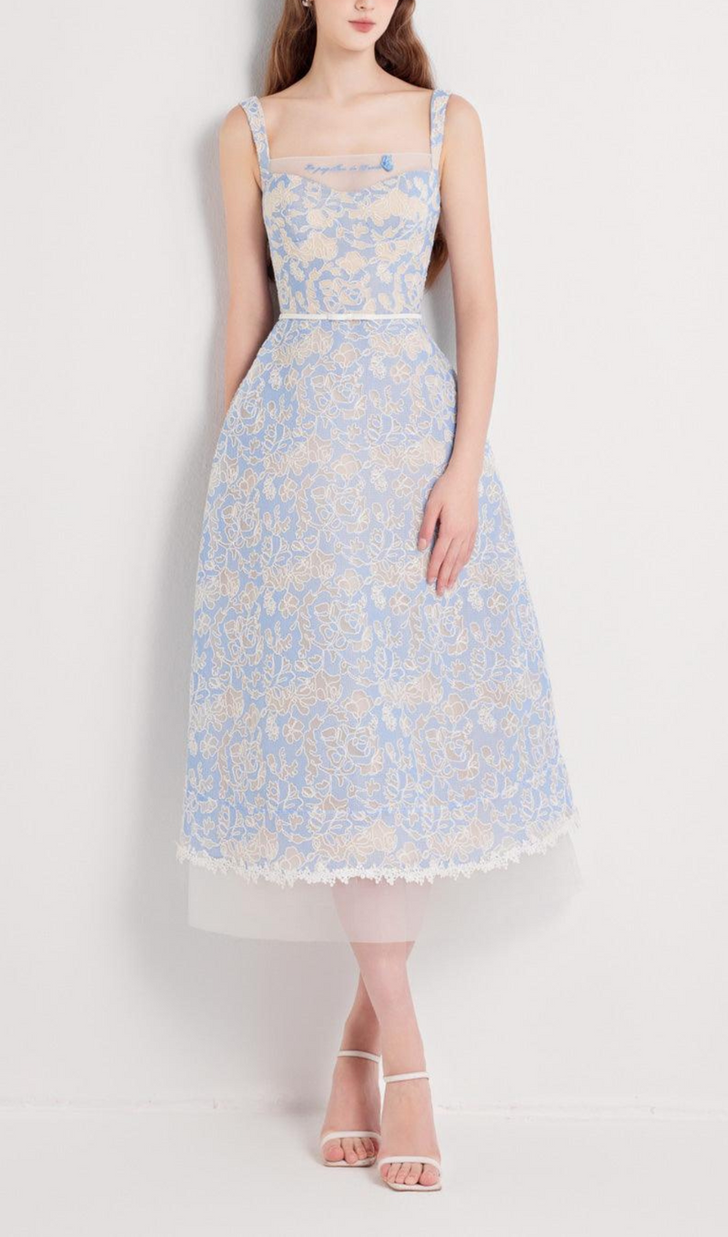 A-LINE SQUARE NECK EMBROIDERED LACE MIDI DRESS IN BLUE