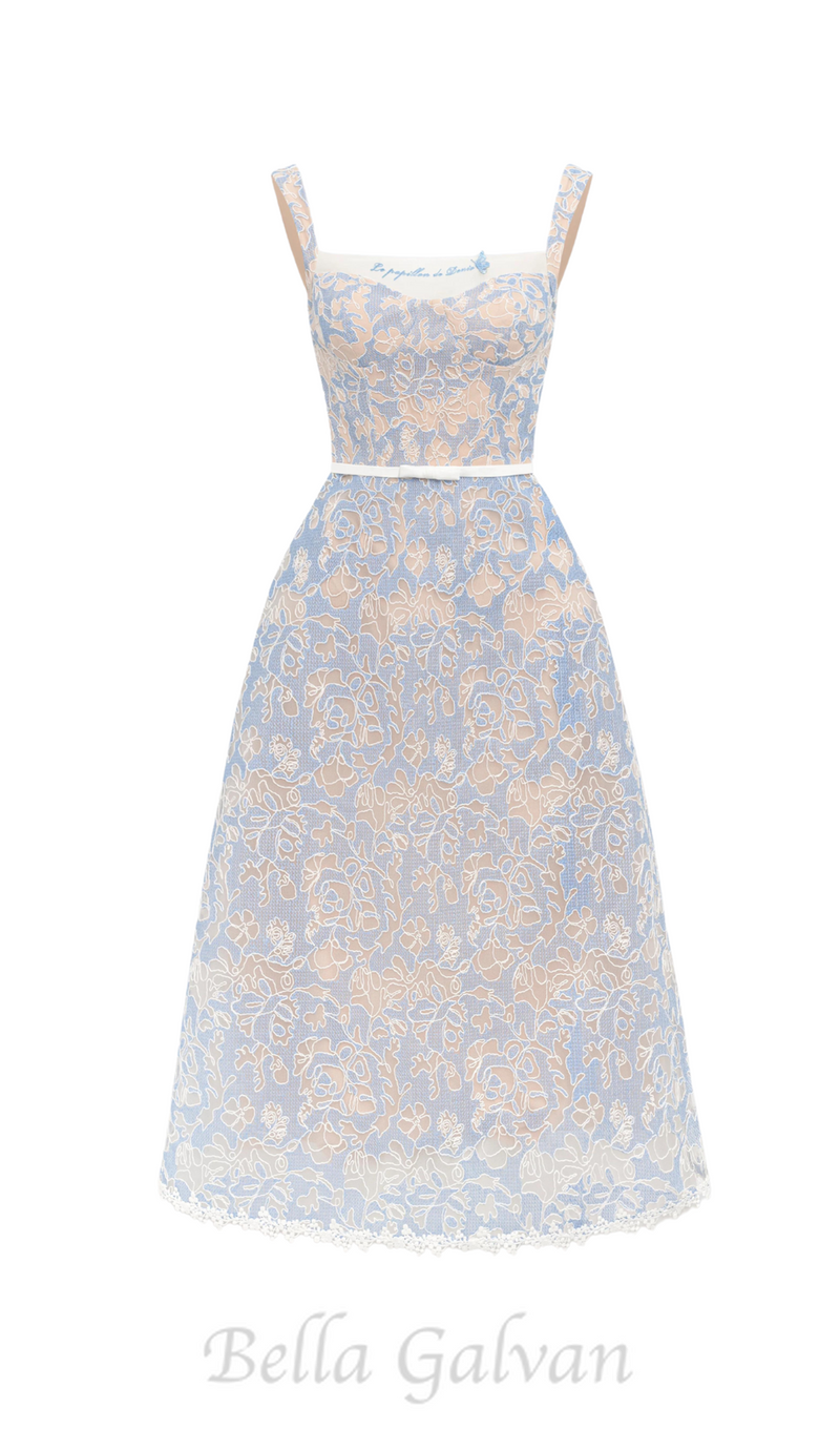 A-LINE SQUARE NECK EMBROIDERED LACE MIDI DRESS IN BLUE