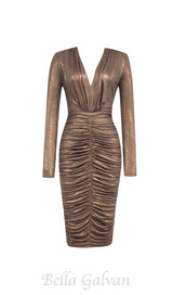 PLEATED HIP WRAP MIDI DRESS IN BROWN