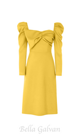 TWIST FRONT GIGOT SLEEVE MIDI DRESS IN YELLOW