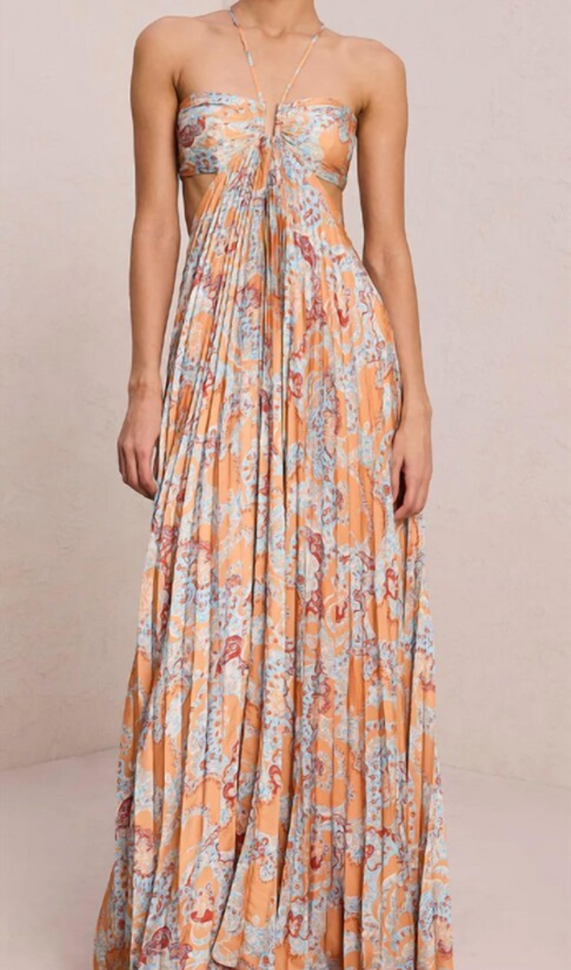 MOIRA CUTOUT FLORAL PRINTED HALTERNECK GOWN