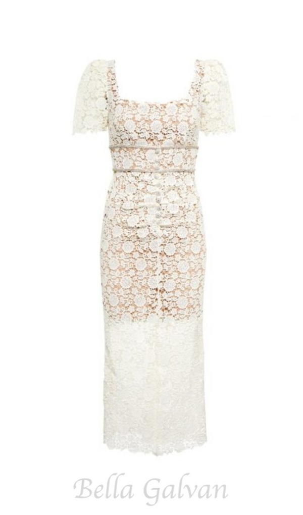 EMBELLISHED GUIPURE LACE MIDI DRESS IN WHITE