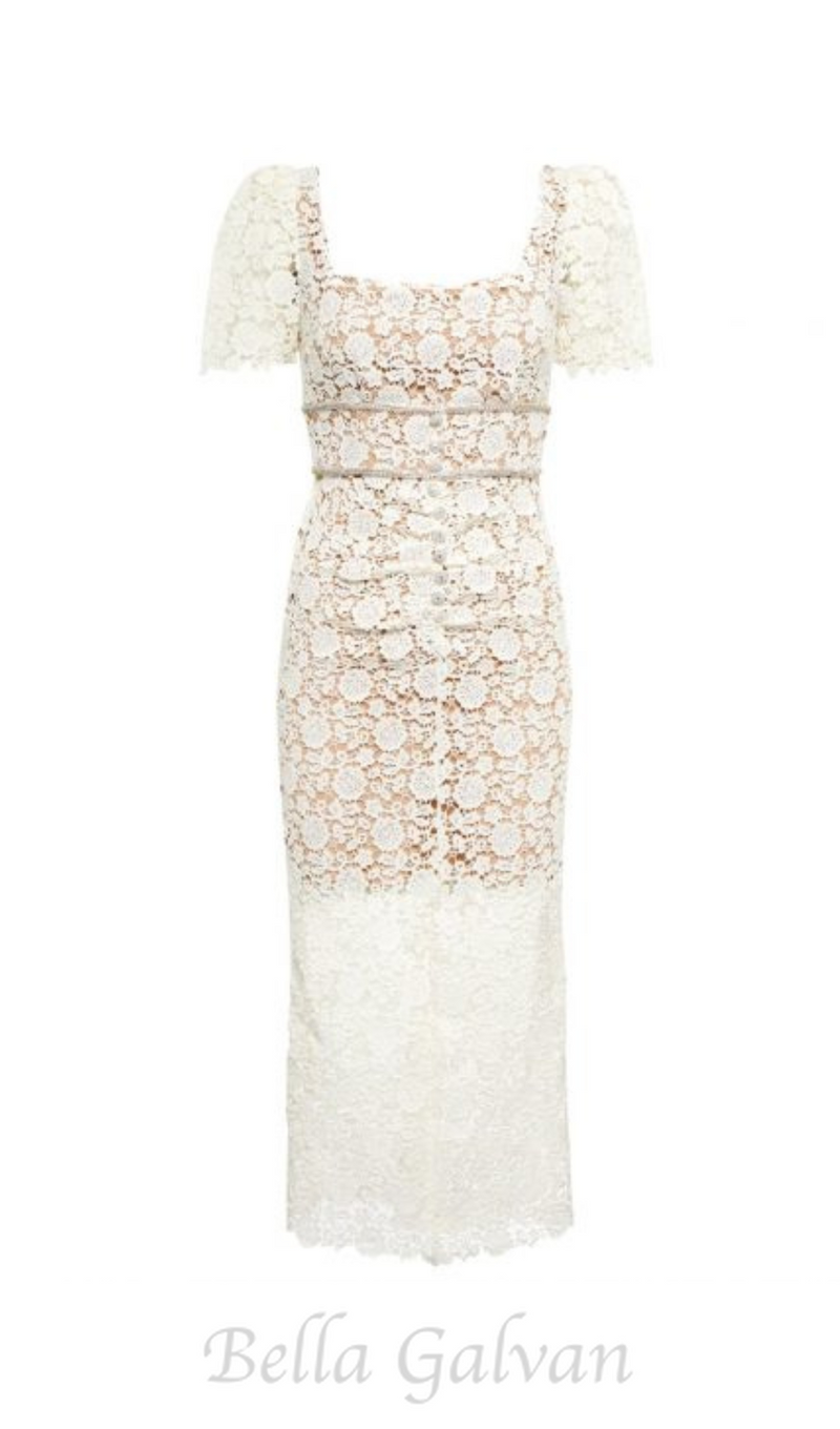 EMBELLISHED GUIPURE LACE MIDI DRESS IN WHITE