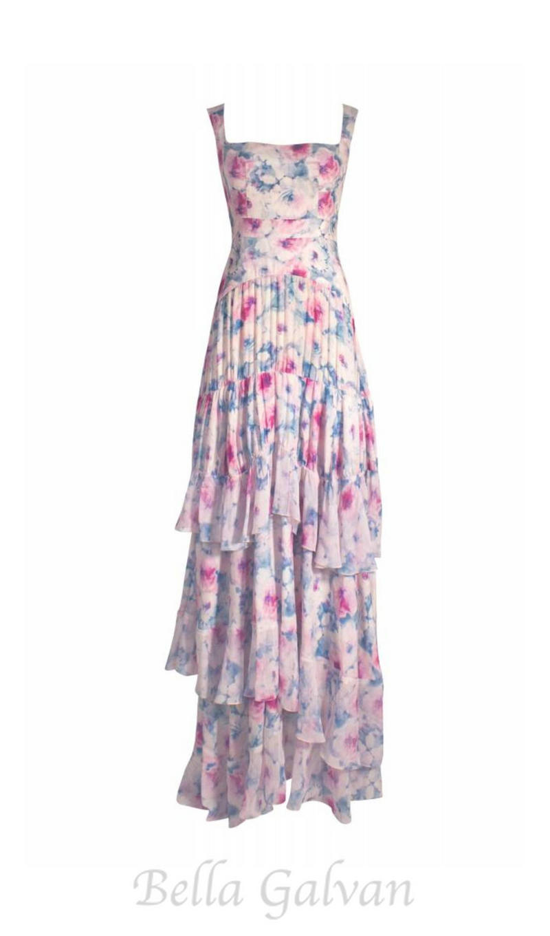 FLORAL PRINT RUFFLE TRIM MAXI DRESS IN ROSE