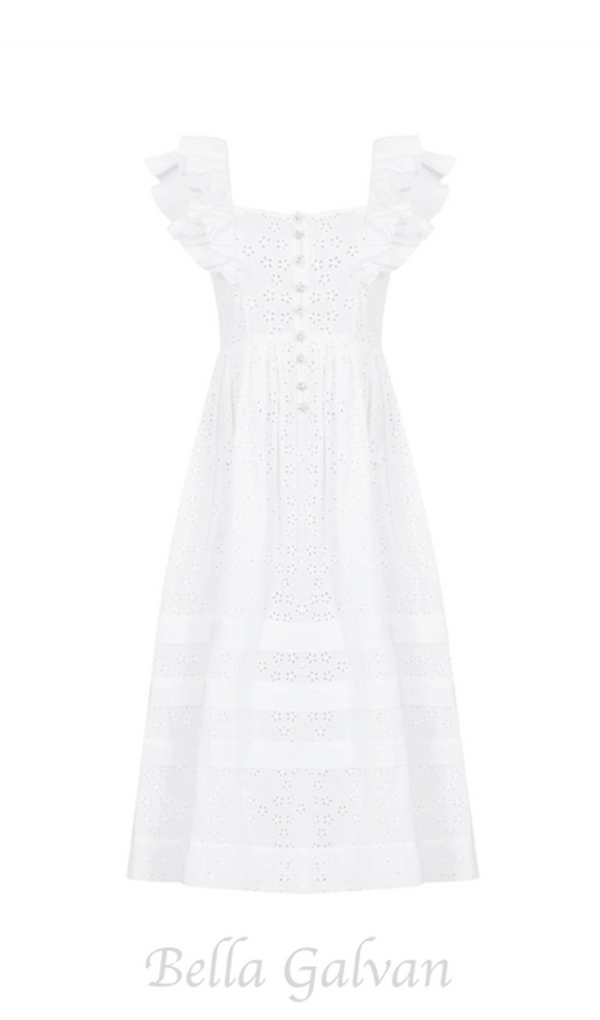 SQUARE COLLAR LACE MESH MAXI DRESS IN WHITE