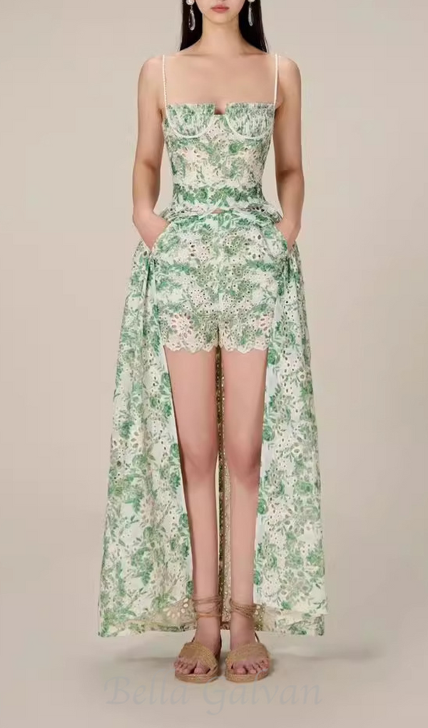 FLORAL PRINTED THIGH SLIT MIDI DRESS IN GREEN