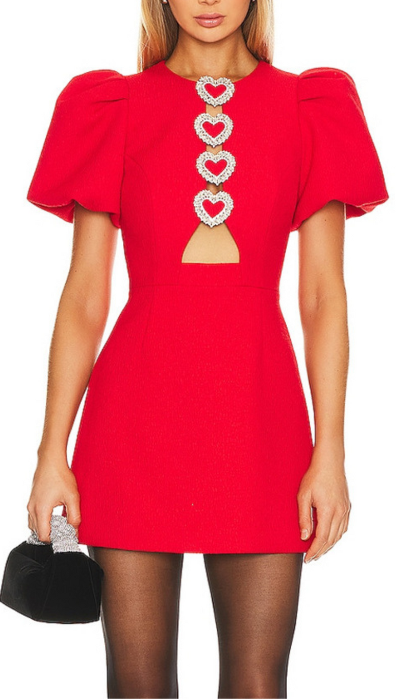 HEART-SHAPED CUTOUT CRÊPE MINI DRESS IN RED