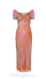 ORANGE CRYSTAL-EMBELLISHED BODYCON MIDI DRESS