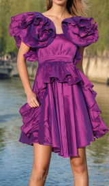 RUFFLES SATIN MINI DRESS IN PURPLE