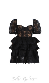 PUFF SLEEVE LACE MINI DRESS IN BLACK