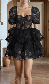 PUFF SLEEVE LACE MINI DRESS IN BLACK