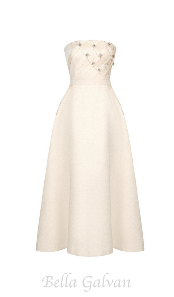 STRAPLESS STRAIGHT NECK MIDI DRESS IN CREAM WHITE