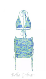 PRINTED BIKINI TOP SKIRT TWO PIECE SET IN GREEN BLUE