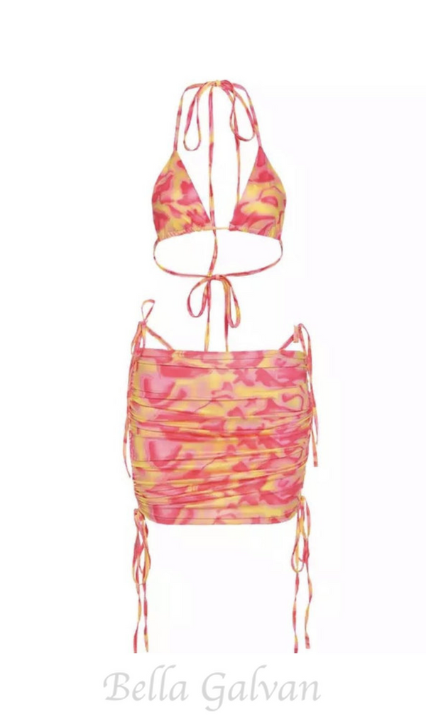 PRINTED BIKINI TOP SKIRT TWO PIECE SET IN PINK YELLOW