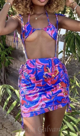 PRINTED BIKINI TOP SKIRT TWO PIECE SET IN PURPLE PINK