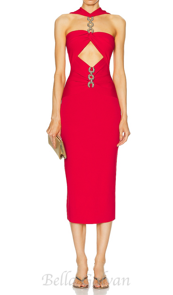 CUT OUT KNIT BANDAGE MIDI DRESS IN RED