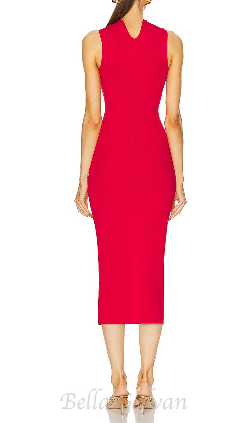 CUT OUT KNIT BANDAGE MIDI DRESS IN RED