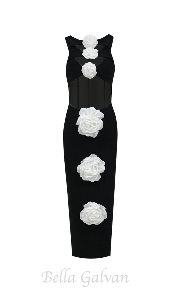 3D FLOWER CUT OUT BODYCON MIDI DRESS IN BLACK