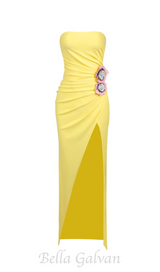 STRAPLESS FLOWER RUCHED MIDI DRESS IN YELLOW