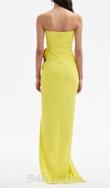 STRAPLESS FLOWER RUCHED MIDI DRESS IN YELLOW