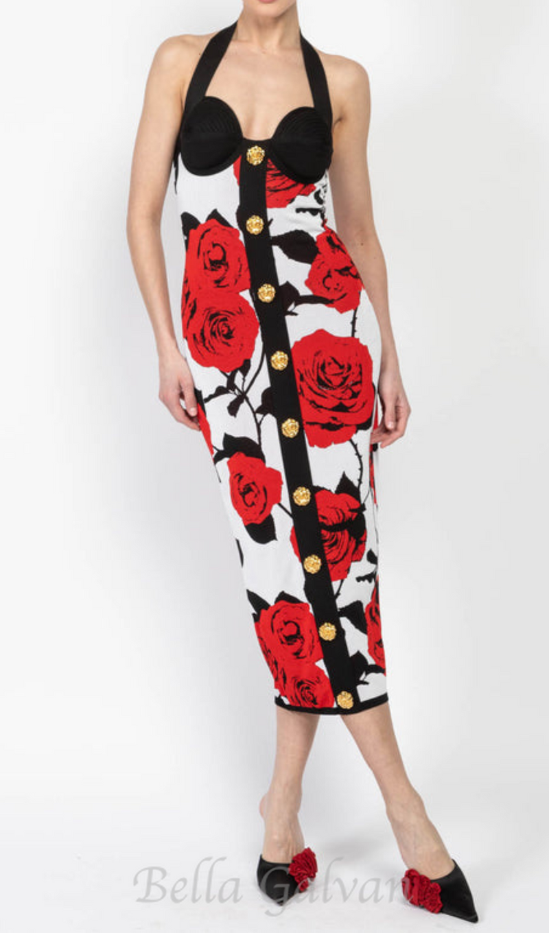 MULTICOLOR HALTERNECK ROSE PRINT MIDI DRESS